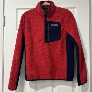 Vineyard Vines Jacket Mens Large Red Navy Sherpa Super Shep Fleece Quarter Zip